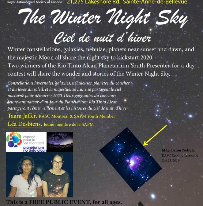 Winter Night Sky – Astronomy Bilingual Public Talk by Youth Jan 31, 8pm
