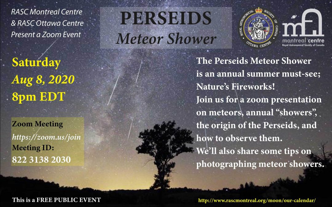 Perseids Meteor Shower Public Zoom Presentation, Aug 8th 2020 at 8pm EDT
