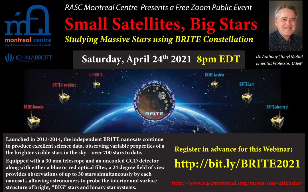 Small Satellites, Big Stars – RASC Montreal Centre Zoom Event on Sat, Apr 24th 8pm EDT