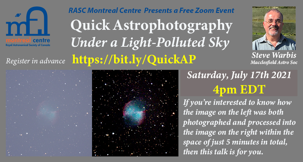 Quick Astrophotography Under a Light Polluted Sky – Sat, July 17th 4pm EDT