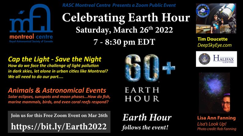 Astronomy Public Zoom Event – Earth Hour 2022 Mar 26th 7pm EDT