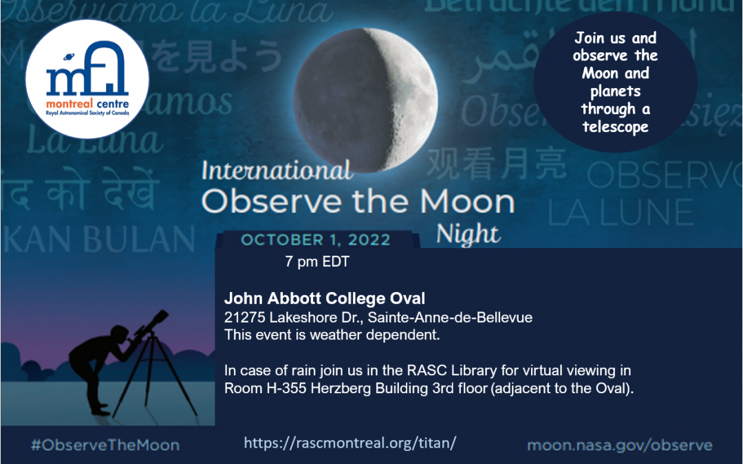 In-Person Moon & Planets Party – October 1st, 7PM EDT @ John Abbott College Oval