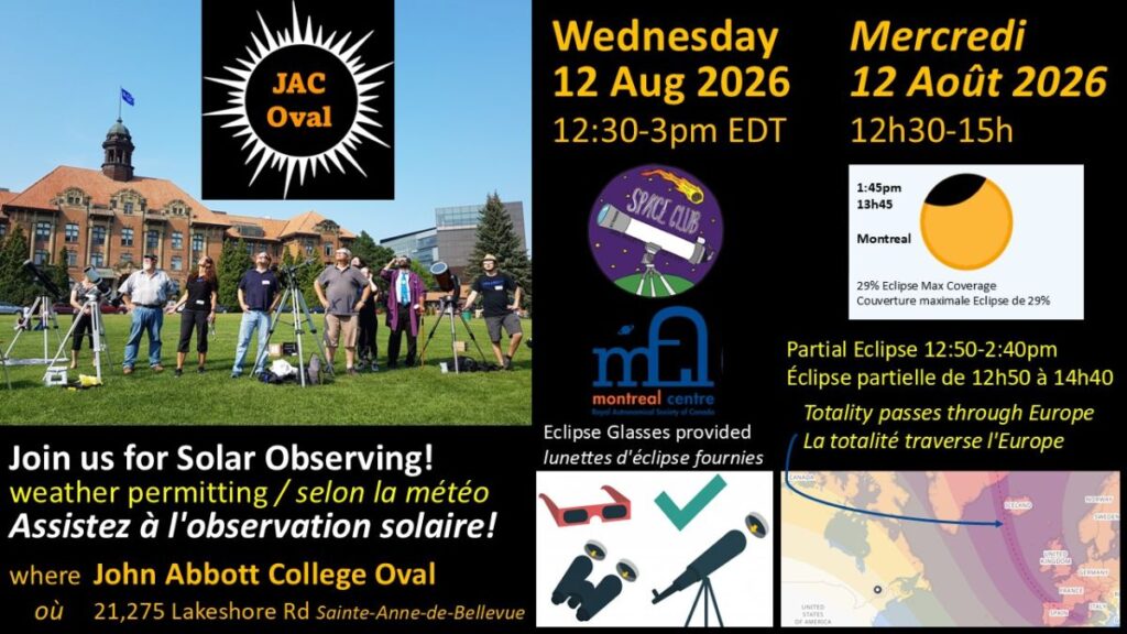 RASC MONTREAL Partial Solar Eclipse Solar Observing Event Poster August 12th 12:30PM-3PM